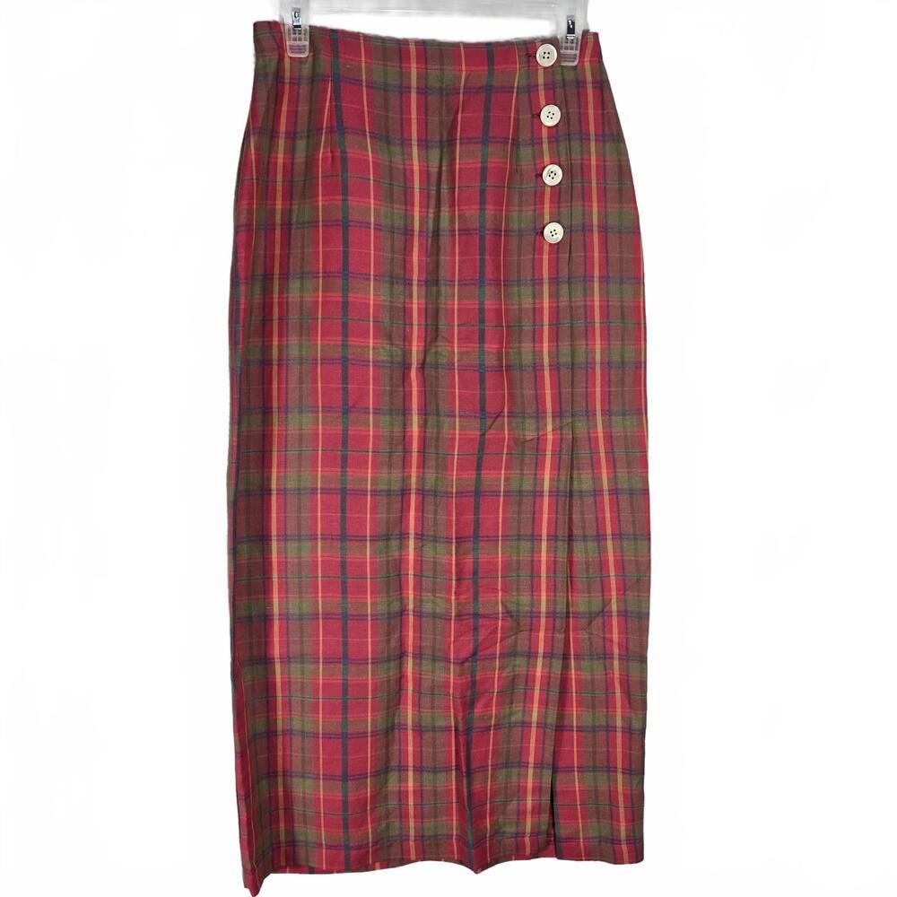 GAP Vintage Plaid Linen Maxi Skirt Red Pink Yellow Button Side Split Size 6